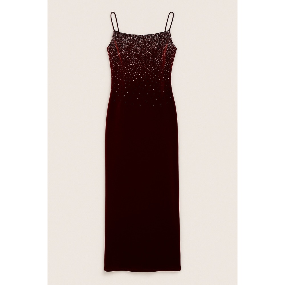 Y2K 80s One Up Burgundy Velvet Side Slit Rhinestone Maxi Dress Formal Party Sz M